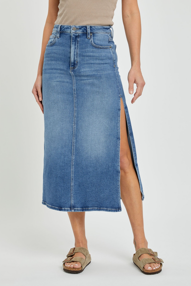 Stay Always Front Slit Midi Skirt (Medium Denim)