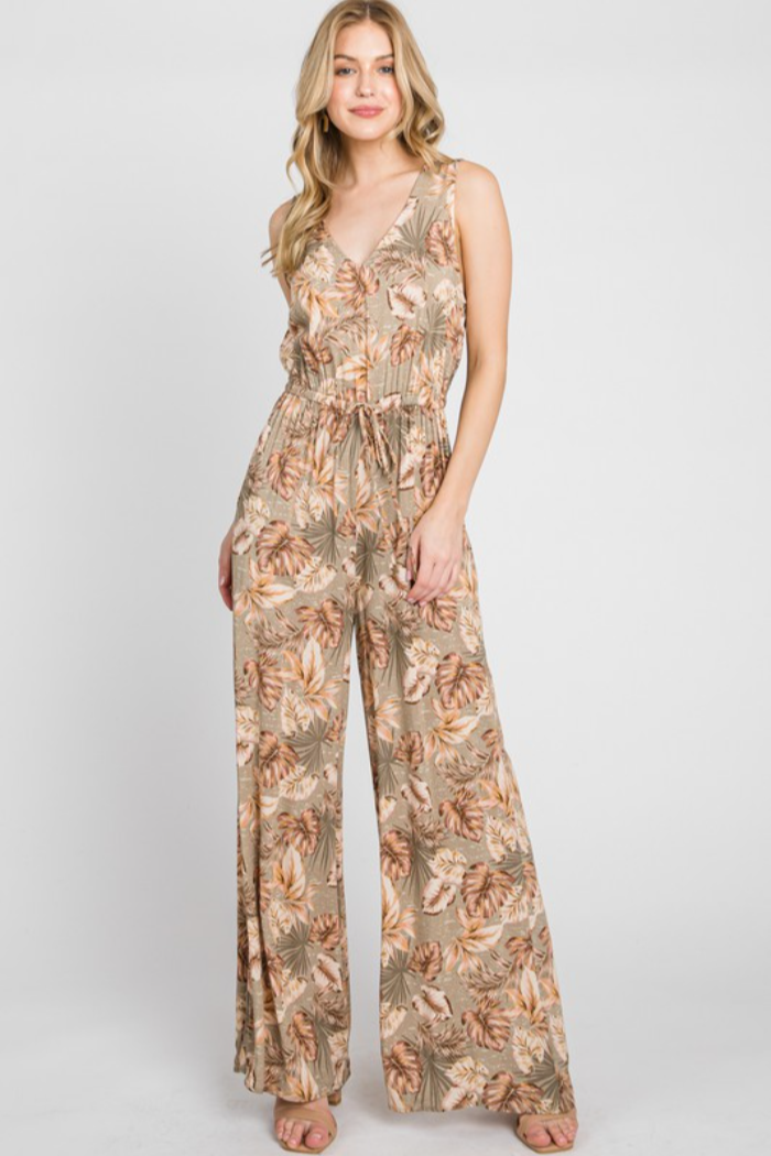 Leaf Print Sleeveless Jumpsuit