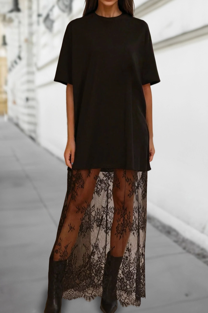 Lace Bottom T-Shirt Dress White / L